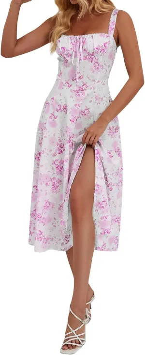 Women's Cami Midi Floral Dress Flowy Sundress Summer Beach Dresses Halter Side Slit Printed Vacation Long Skirts