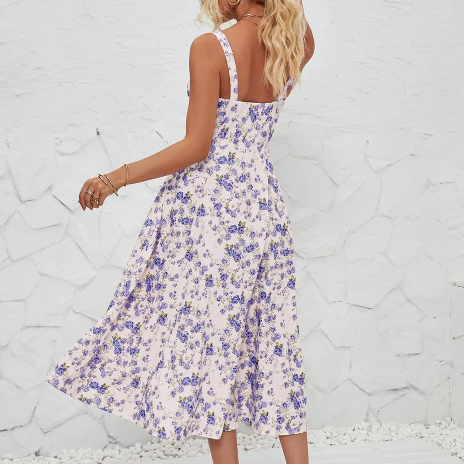 Women's Cami Midi Floral Dress Flowy Sundress Summer Beach Dresses Halter Side Slit Printed Vacation Long Skirts
