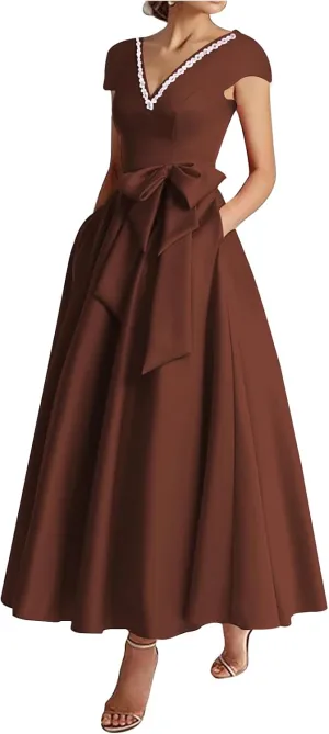 Women's Cap Sleeves Elegant Dress with Pocket Satin V Neck Tea Lenght A Line Formal Wedding Guest Dress with Bow