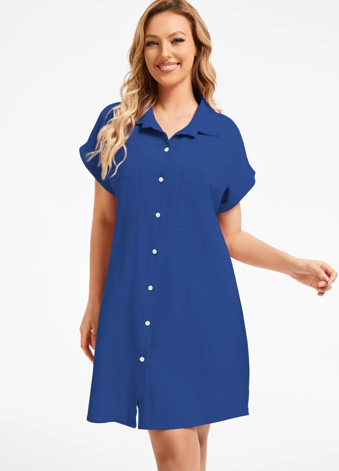 Women's Casual Cotton Linen Dress Button Down Short Sleeve V Neck Loose Dress Summer Tunic Mini Dresses