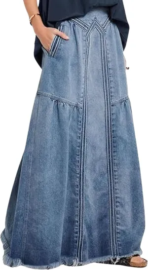 Women's Casual Denim Skirt Waist Frayed Hem A-Line Distressed Hippie Long Maxi Korean Retro Denim Skirt Pocket Skirt