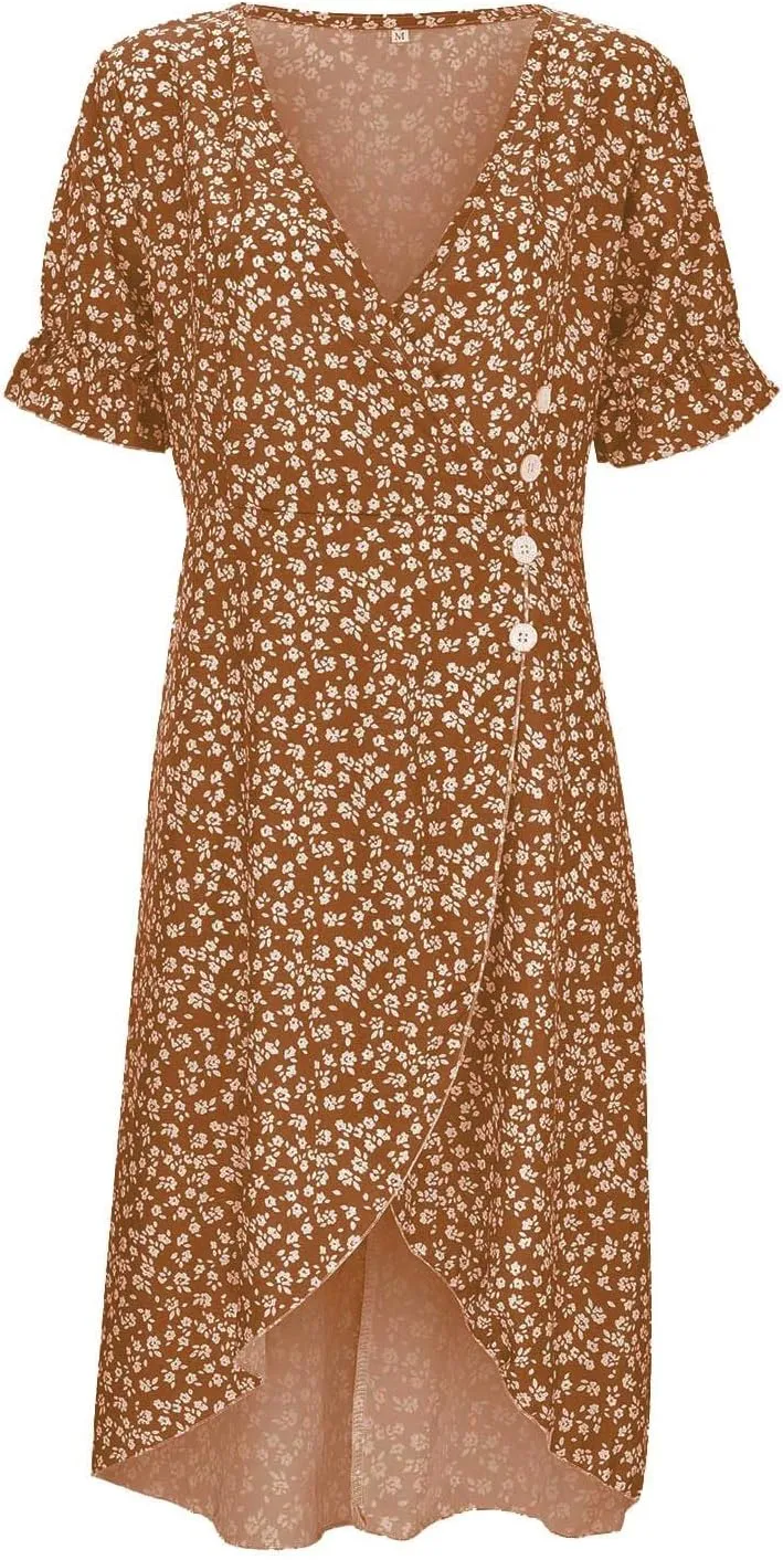 Women's Casual Print Midi Dress with Puffed Sleeves Hem V Neck Dresses for Women Work Fit Soft Elegant Casual Fall