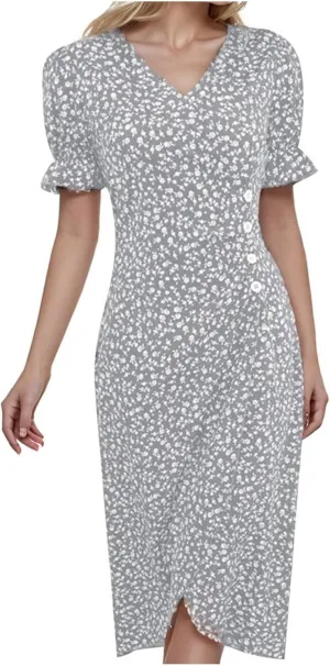 Women's Casual Print Midi Dress with Puffed Sleeves Hem V Neck Dresses for Women Work Fit Soft Elegant Casual Fall
