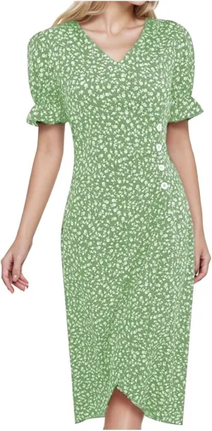 Women's Casual Print Midi Dress with Puffed Sleeves Hem V Neck Dresses for Women Work Fit Soft Elegant Casual Fall