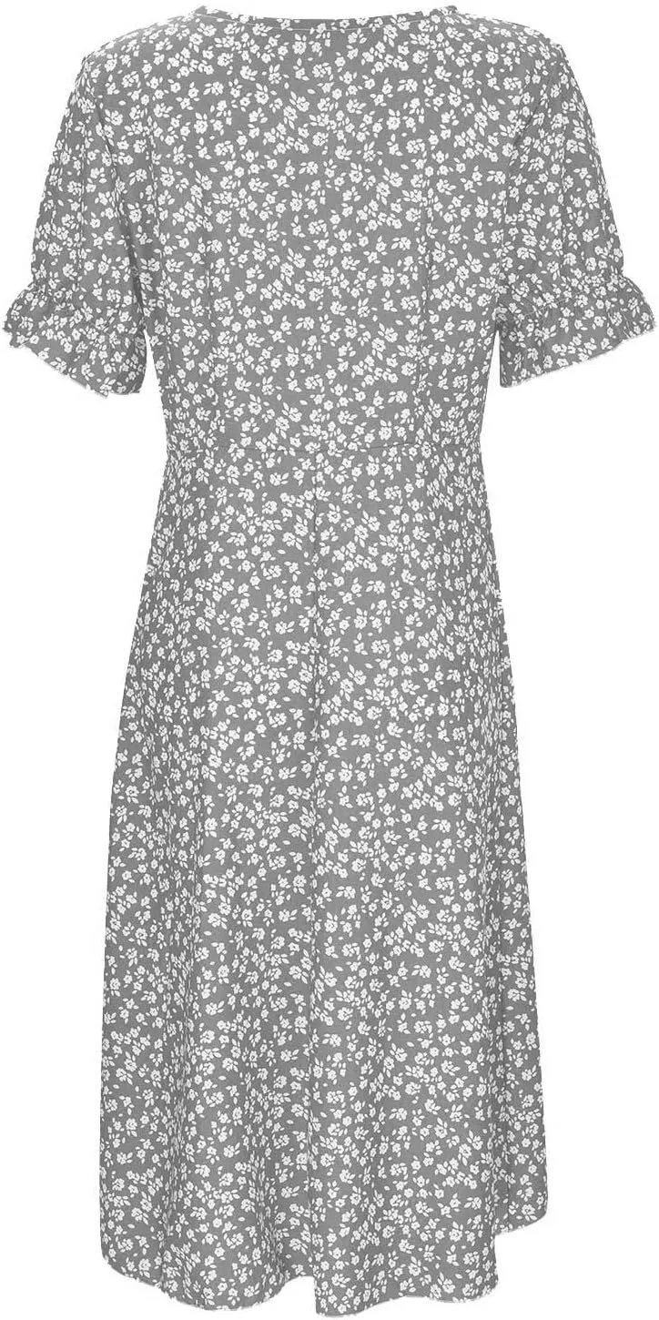 Women's Casual Print Midi Dress with Puffed Sleeves Hem V Neck Dresses for Women Work Fit Soft Elegant Casual Fall