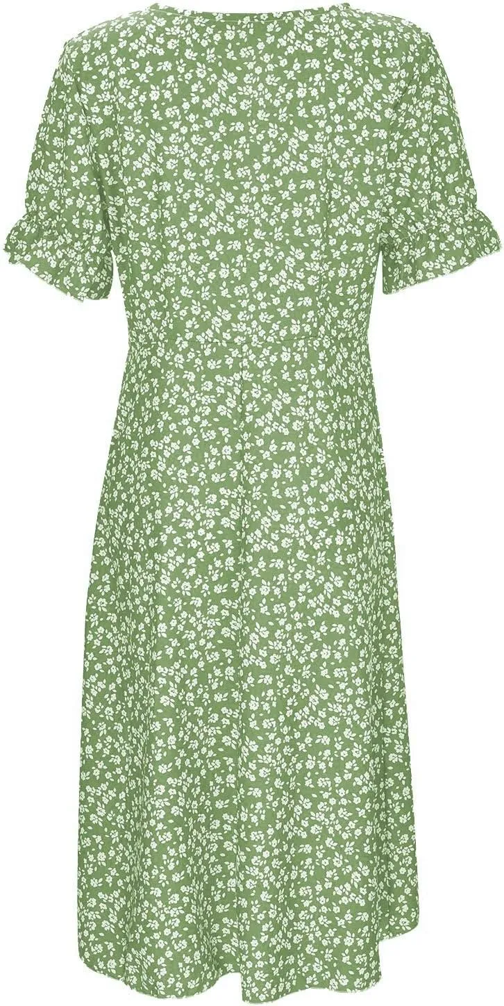 Women's Casual Print Midi Dress with Puffed Sleeves Hem V Neck Dresses for Women Work Fit Soft Elegant Casual Fall