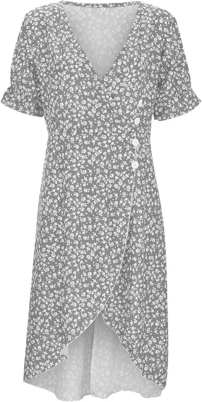 Women's Casual Print Midi Dress with Puffed Sleeves Hem V Neck Dresses for Women Work Fit Soft Elegant Casual Fall