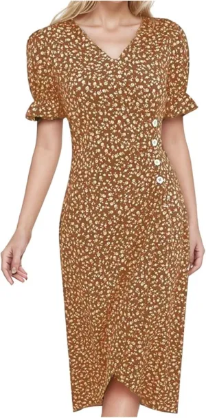 Women's Casual Print Midi Dress with Puffed Sleeves Hem V Neck Dresses for Women Work Fit Soft Elegant Casual Fall