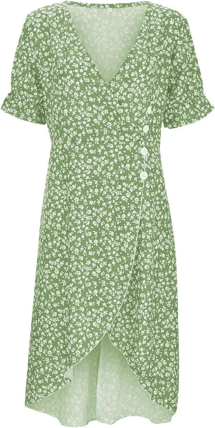Women's Casual Print Midi Dress with Puffed Sleeves Hem V Neck Dresses for Women Work Fit Soft Elegant Casual Fall