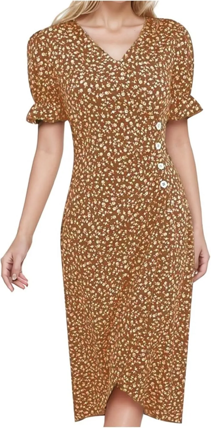 Women's Casual Print Midi Dress with Puffed Sleeves Hem V Neck Dresses for Women Work Fit Soft Elegant Casual Fall