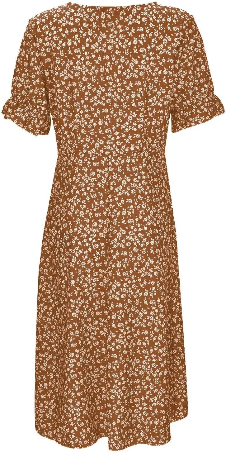 Women's Casual Print Midi Dress with Puffed Sleeves Hem V Neck Dresses for Women Work Fit Soft Elegant Casual Fall