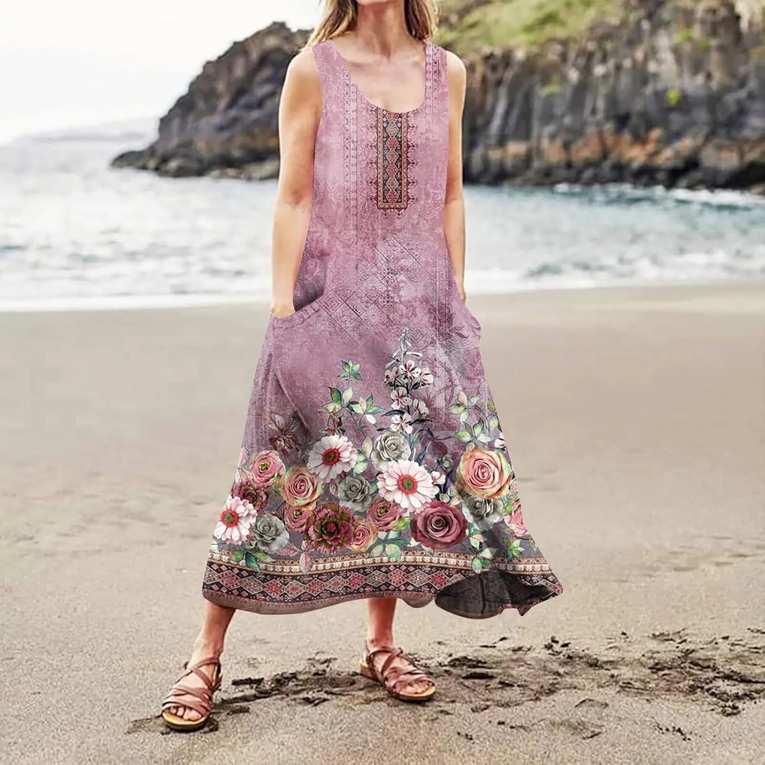 Womens Casual Summer Dresses 2024 Sleeveless Sundress Floral Printed Beach Long Dresses Tank Dress with Pockets