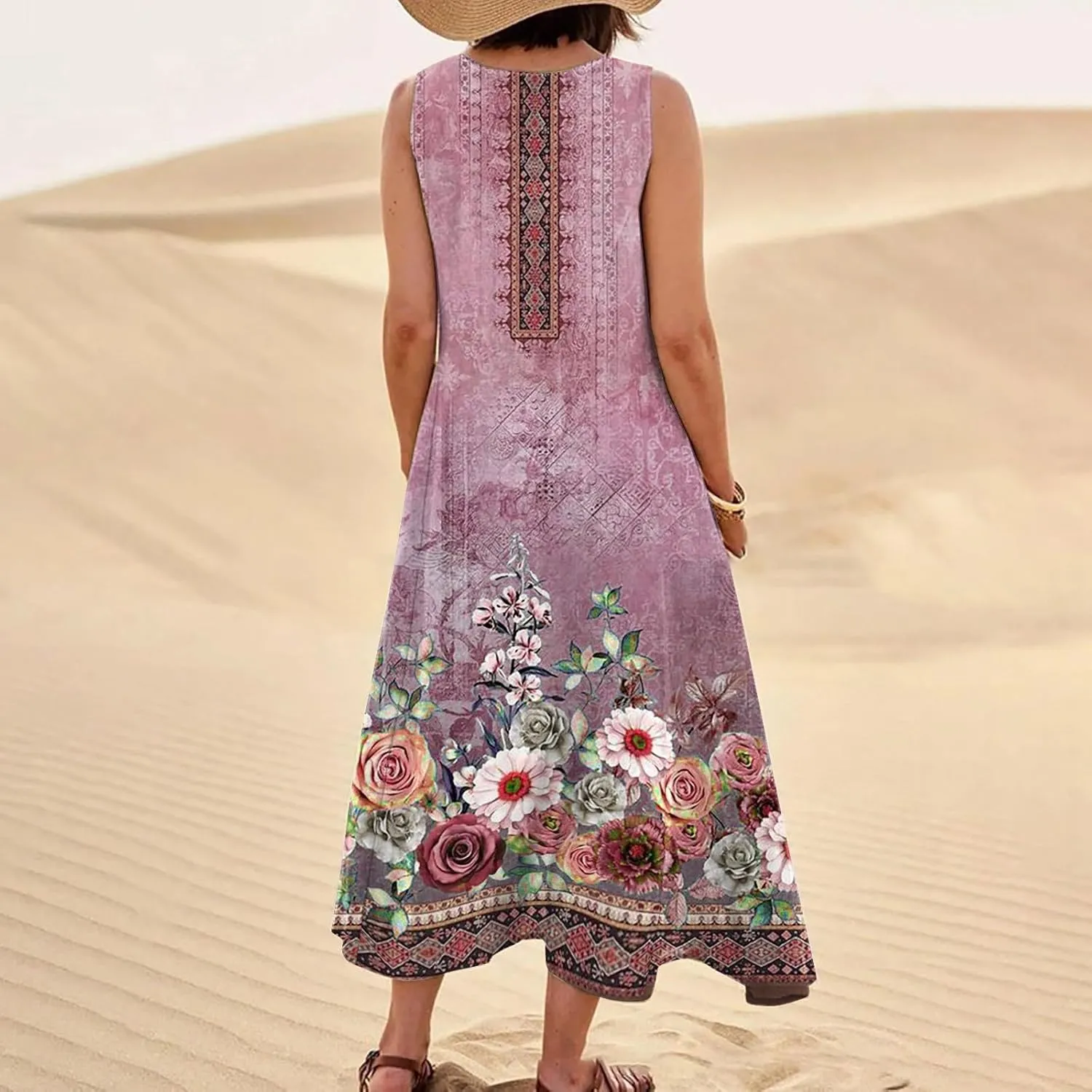 Womens Casual Summer Dresses 2024 Sleeveless Sundress Floral Printed Beach Long Dresses Tank Dress with Pockets