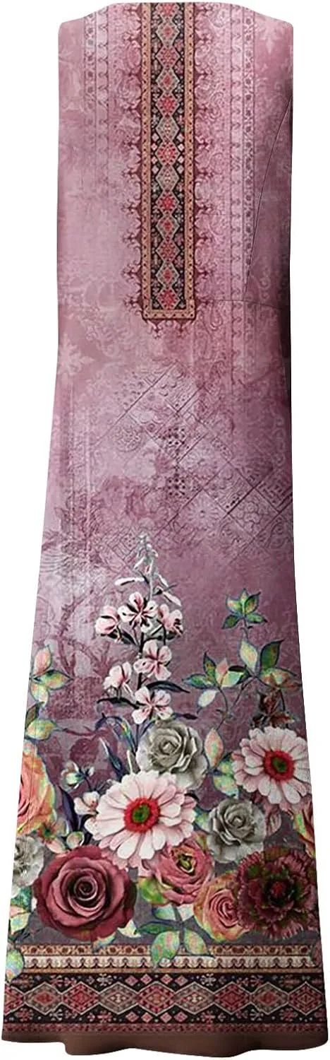 Womens Casual Summer Dresses 2024 Sleeveless Sundress Floral Printed Beach Long Dresses Tank Dress with Pockets