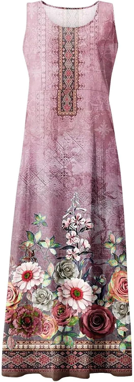 Womens Casual Summer Dresses 2024 Sleeveless Sundress Floral Printed Beach Long Dresses Tank Dress with Pockets