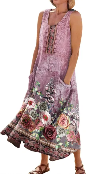 Womens Casual Summer Dresses 2024 Sleeveless Sundress Floral Printed Beach Long Dresses Tank Dress with Pockets