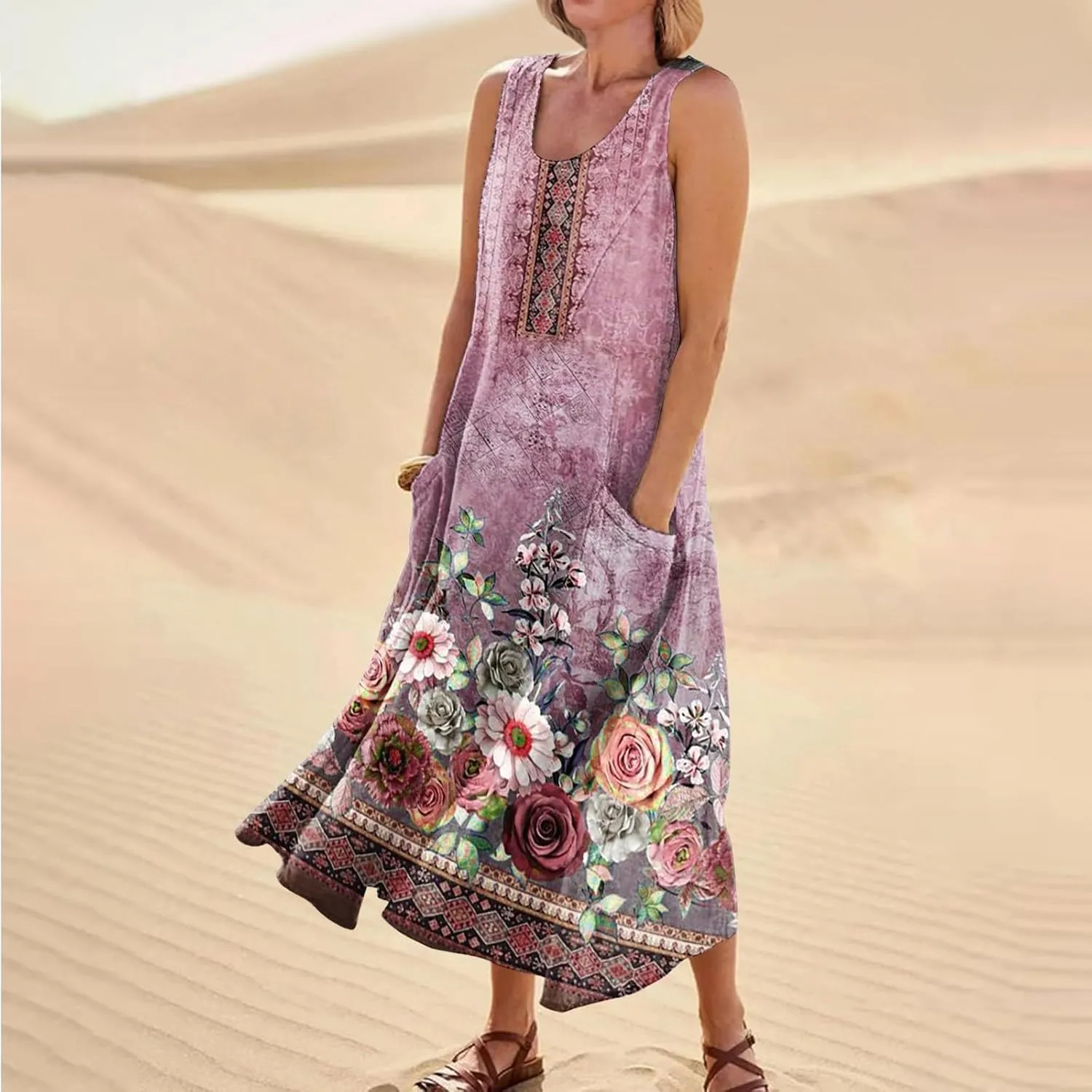 Womens Casual Summer Dresses 2024 Sleeveless Sundress Floral Printed Beach Long Dresses Tank Dress with Pockets