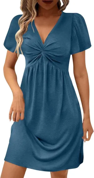 Womens Casual Summer Twist Front V Neck Short Sleeve Mini Dress, Elegant Short Sleeve Swing Sundress Beach Outfits