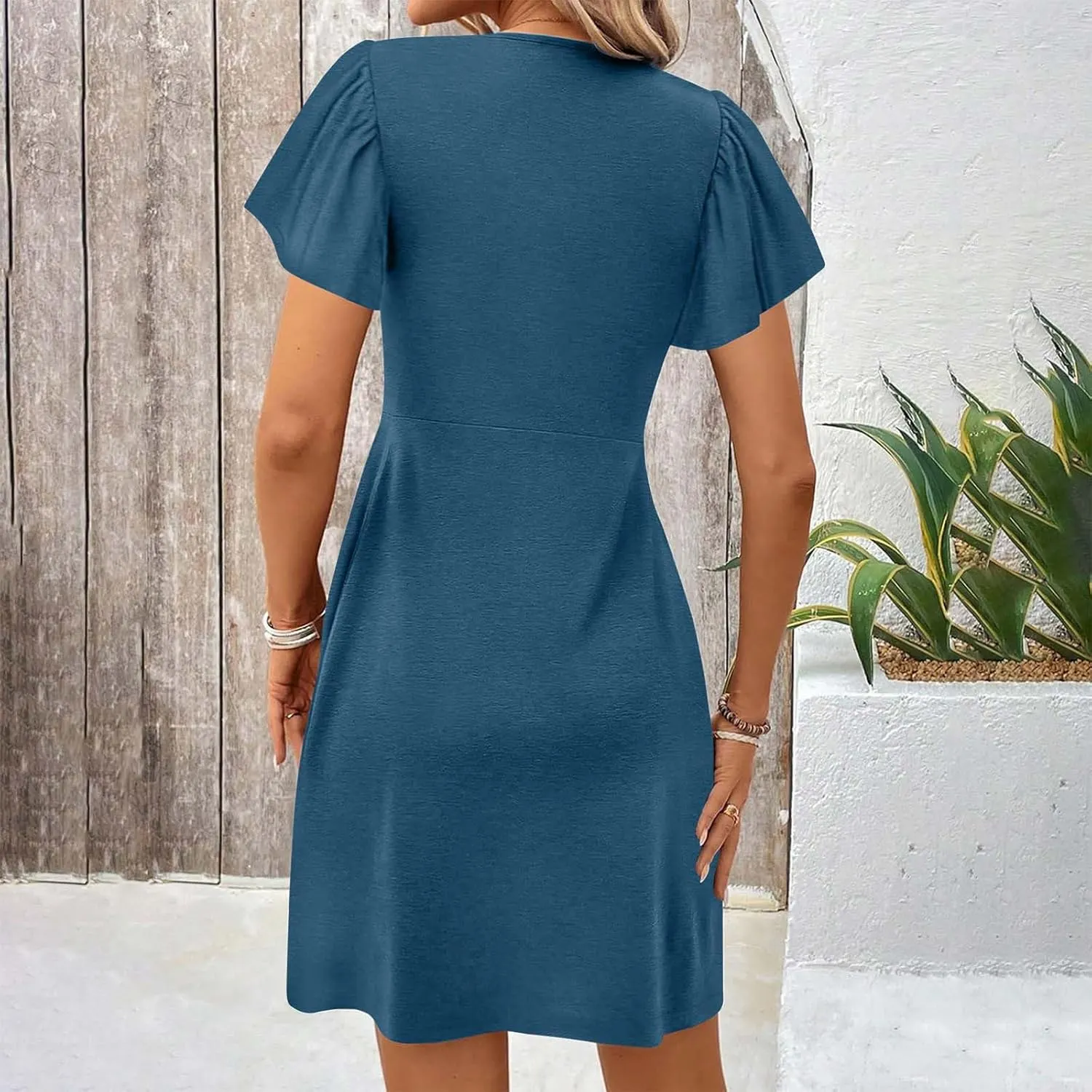 Womens Casual Summer Twist Front V Neck Short Sleeve Mini Dress, Elegant Short Sleeve Swing Sundress Beach Outfits