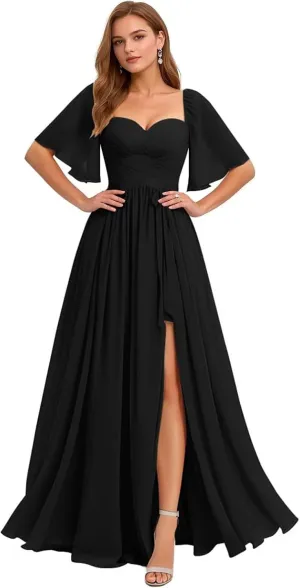 Women's Chiffon Bridesmaid Dresses V Neck Flutter Sleeve Pleated A Line Long Formal Evening Gowns with Slit 