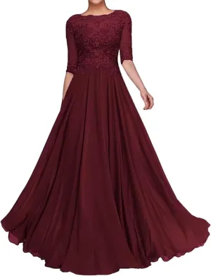 Women's Chiffon Mother of The Bride Dresses for Wedding with Lace Appliques A-Line Groom Dress Formal Party Gowns