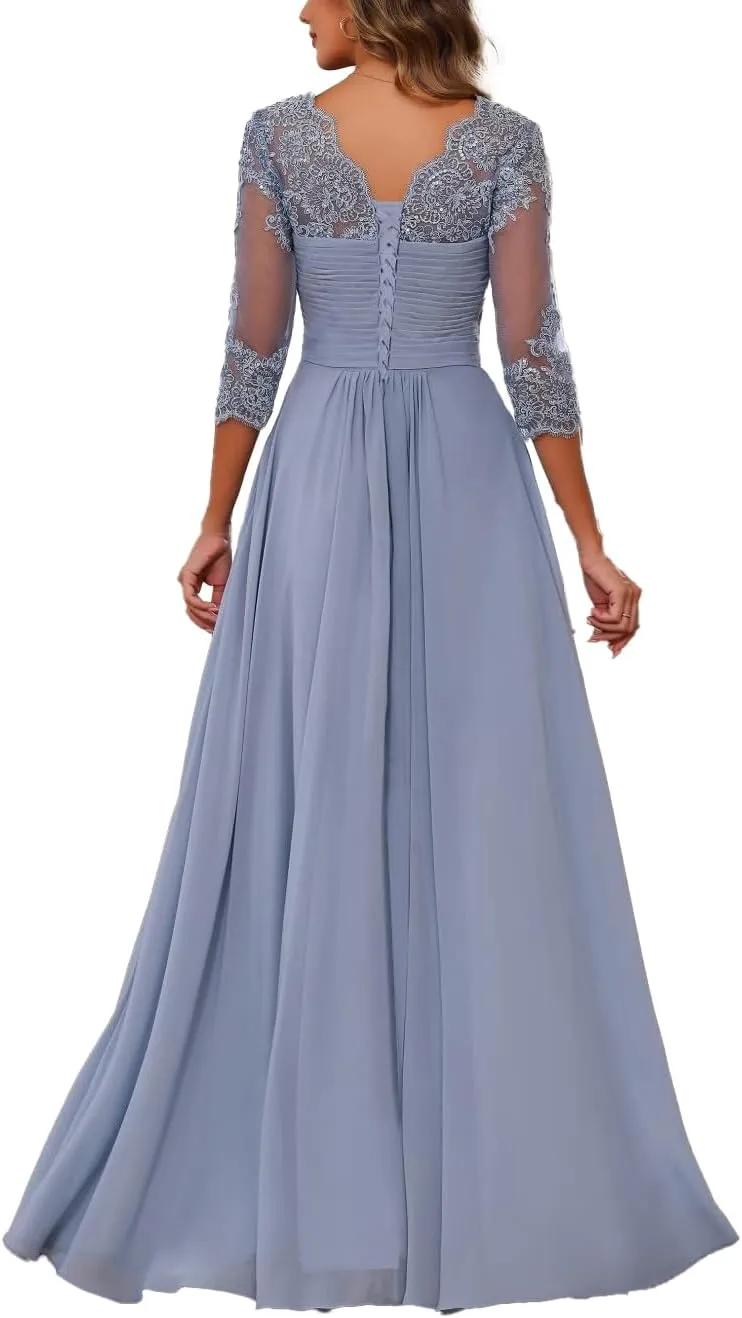Women's Chiffon Mother of The Bride Dresses for Wedding with Sleeves 2025 Lace Applique Evening Gowns