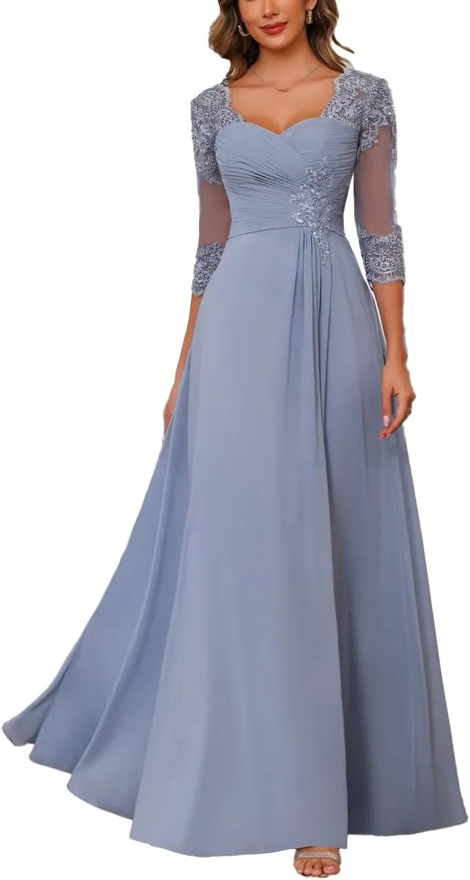 Women's Chiffon Mother of The Bride Dresses for Wedding with Sleeves 2025 Lace Applique Evening Gowns