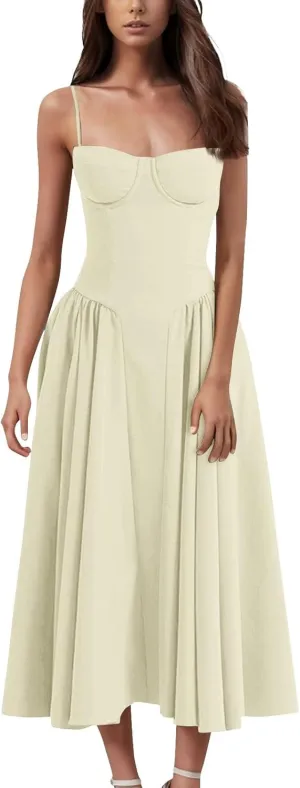 Womens Corset Dress Elegant Spaghetti Strap Bustier Midi Dress Flowy Pleated Hem Low Cut Prom Dresses with Pockets