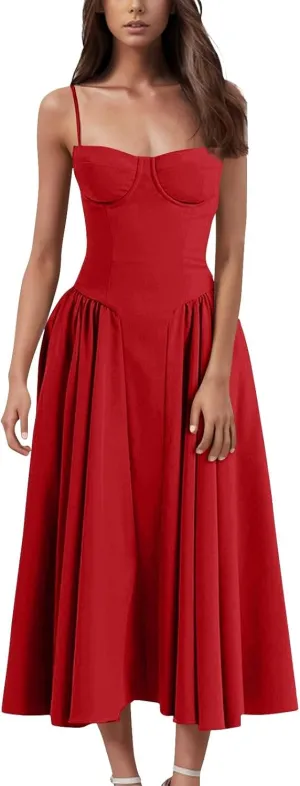 Womens Corset Dress Elegant Spaghetti Strap Bustier Midi Dress Flowy Pleated Hem Low Cut Prom Dresses with Pockets