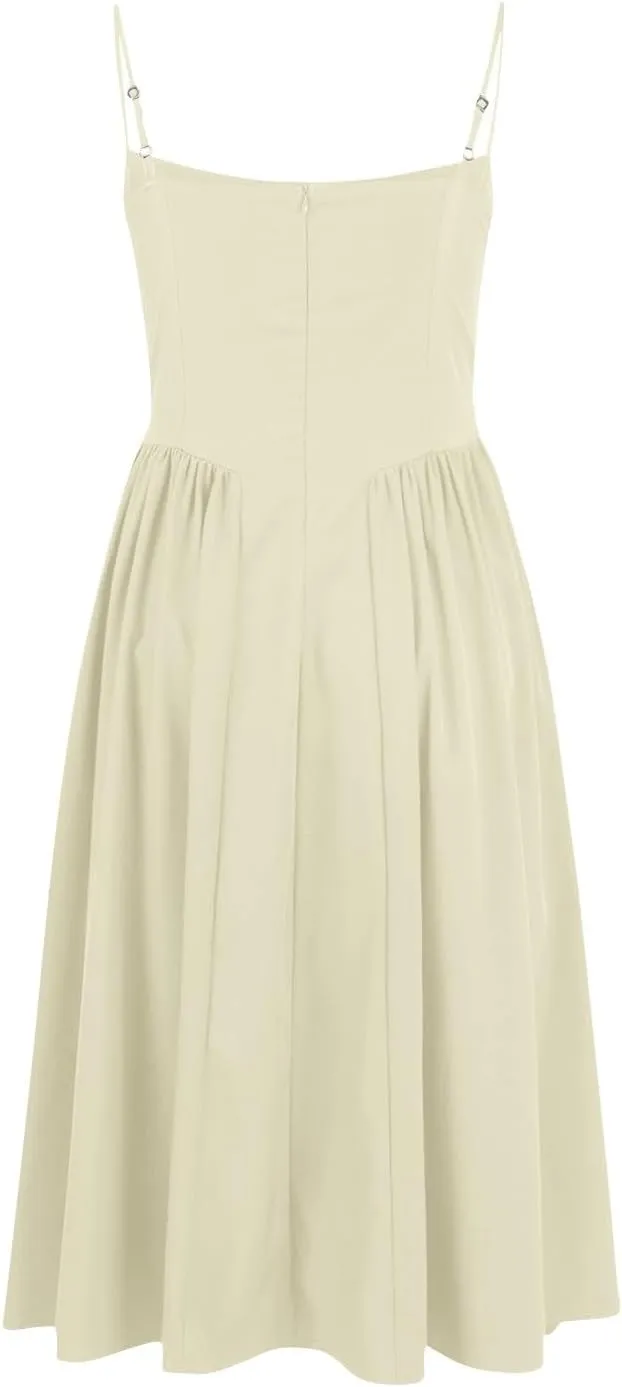 Womens Corset Dress Elegant Spaghetti Strap Bustier Midi Dress Flowy Pleated Hem Low Cut Prom Dresses with Pockets
