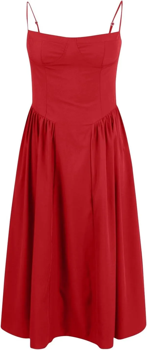 Womens Corset Dress Elegant Spaghetti Strap Bustier Midi Dress Flowy Pleated Hem Low Cut Prom Dresses with Pockets