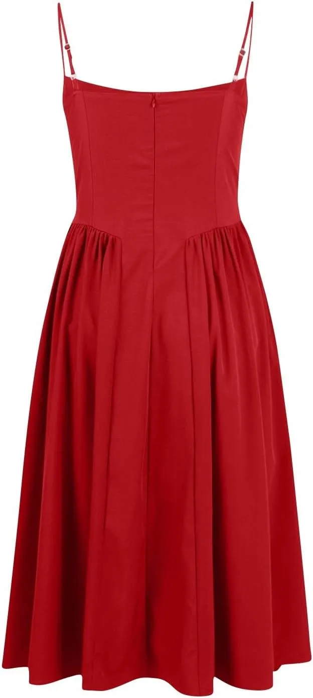 Womens Corset Dress Elegant Spaghetti Strap Bustier Midi Dress Flowy Pleated Hem Low Cut Prom Dresses with Pockets