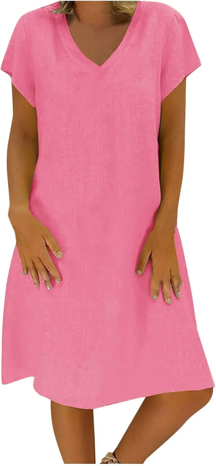 Women's Cotton Linen Dress 2025 Short Sleeve V Neck Knee Length Dresses Casual Solid Comfort Soft Beach Sundress