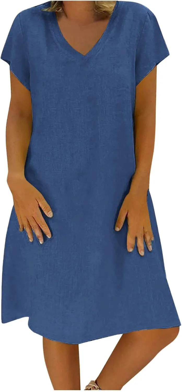 Women's Cotton Linen Dress 2025 Short Sleeve V Neck Knee Length Dresses Casual Solid Comfort Soft Beach Sundress