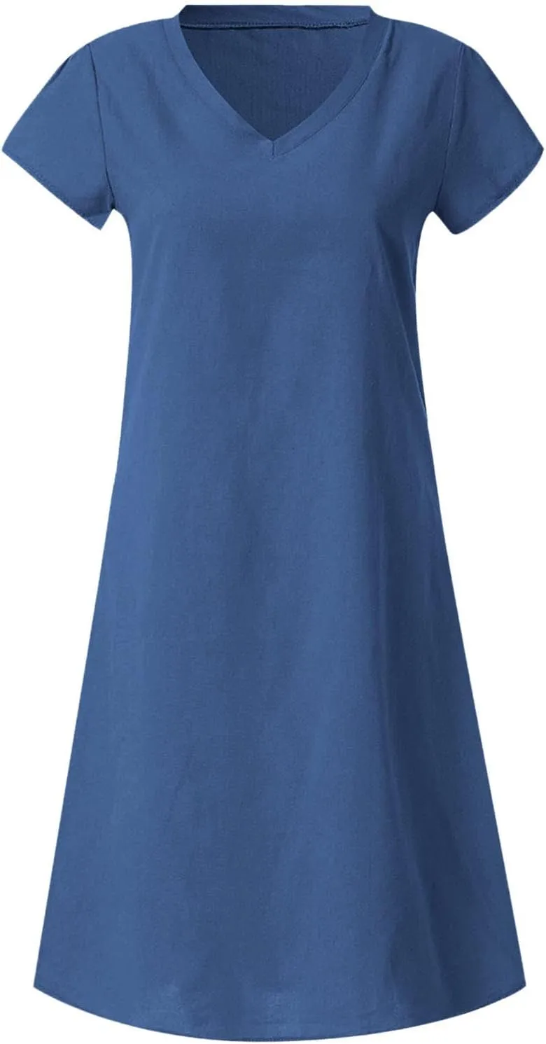 Women's Cotton Linen Dress 2025 Short Sleeve V Neck Knee Length Dresses Casual Solid Comfort Soft Beach Sundress