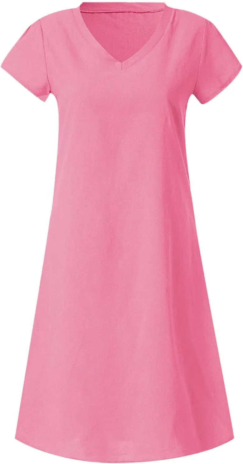 Women's Cotton Linen Dress 2025 Short Sleeve V Neck Knee Length Dresses Casual Solid Comfort Soft Beach Sundress