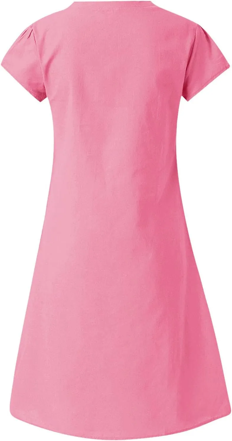 Women's Cotton Linen Dress 2025 Short Sleeve V Neck Knee Length Dresses Casual Solid Comfort Soft Beach Sundress