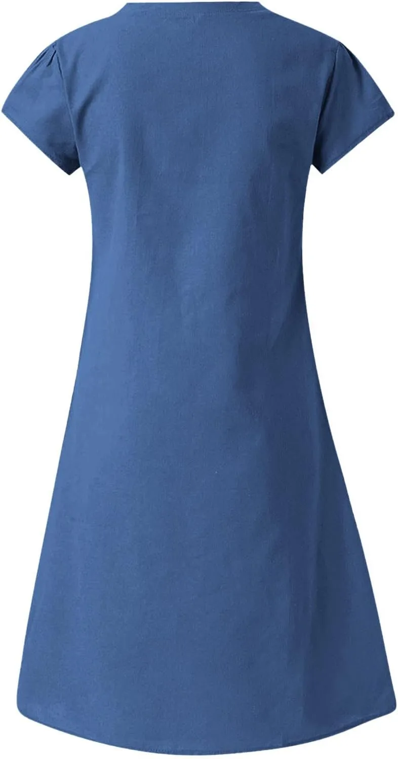 Women's Cotton Linen Dress 2025 Short Sleeve V Neck Knee Length Dresses Casual Solid Comfort Soft Beach Sundress