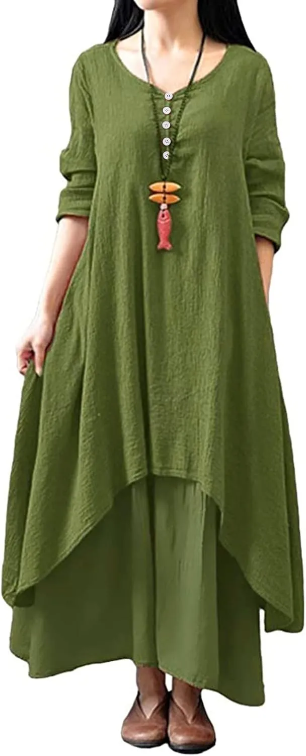 Women's Cotton Linen Dresses Irregular Hem Shirt Dress with Pockets Cotton Linen Dress Summer Midi Dresses