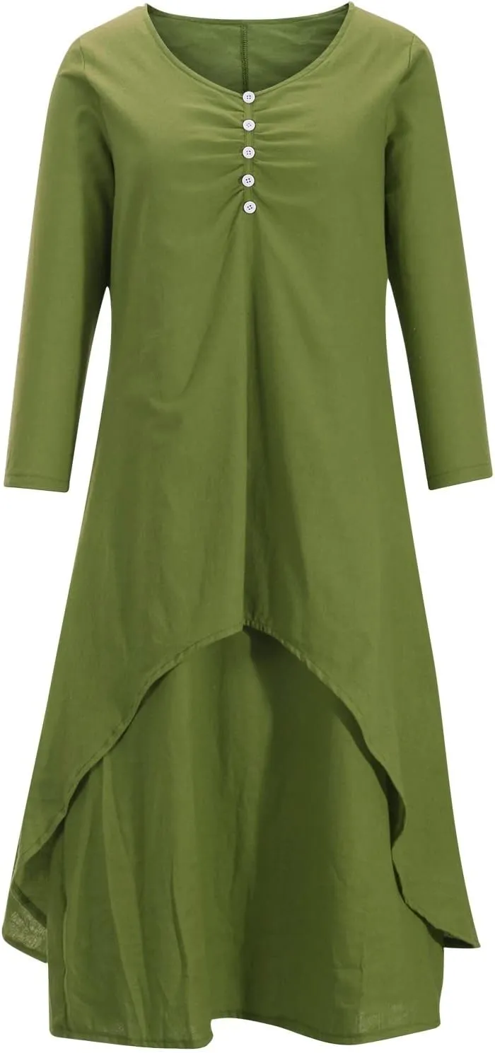 Women's Cotton Linen Dresses Irregular Hem Shirt Dress with Pockets Cotton Linen Dress Summer Midi Dresses