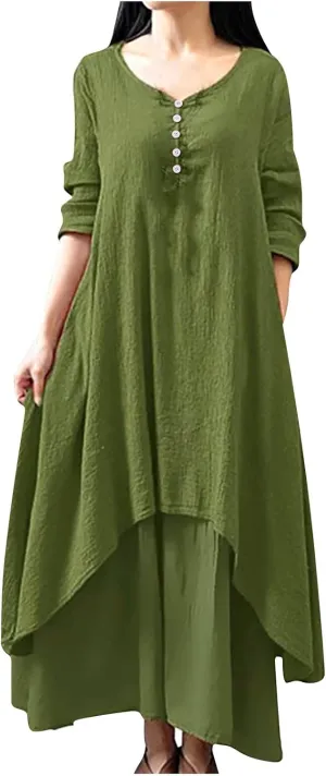 Women's Cotton Linen Dresses Irregular Hem Shirt Dress with Pockets Cotton Linen Dress Summer Midi Dresses