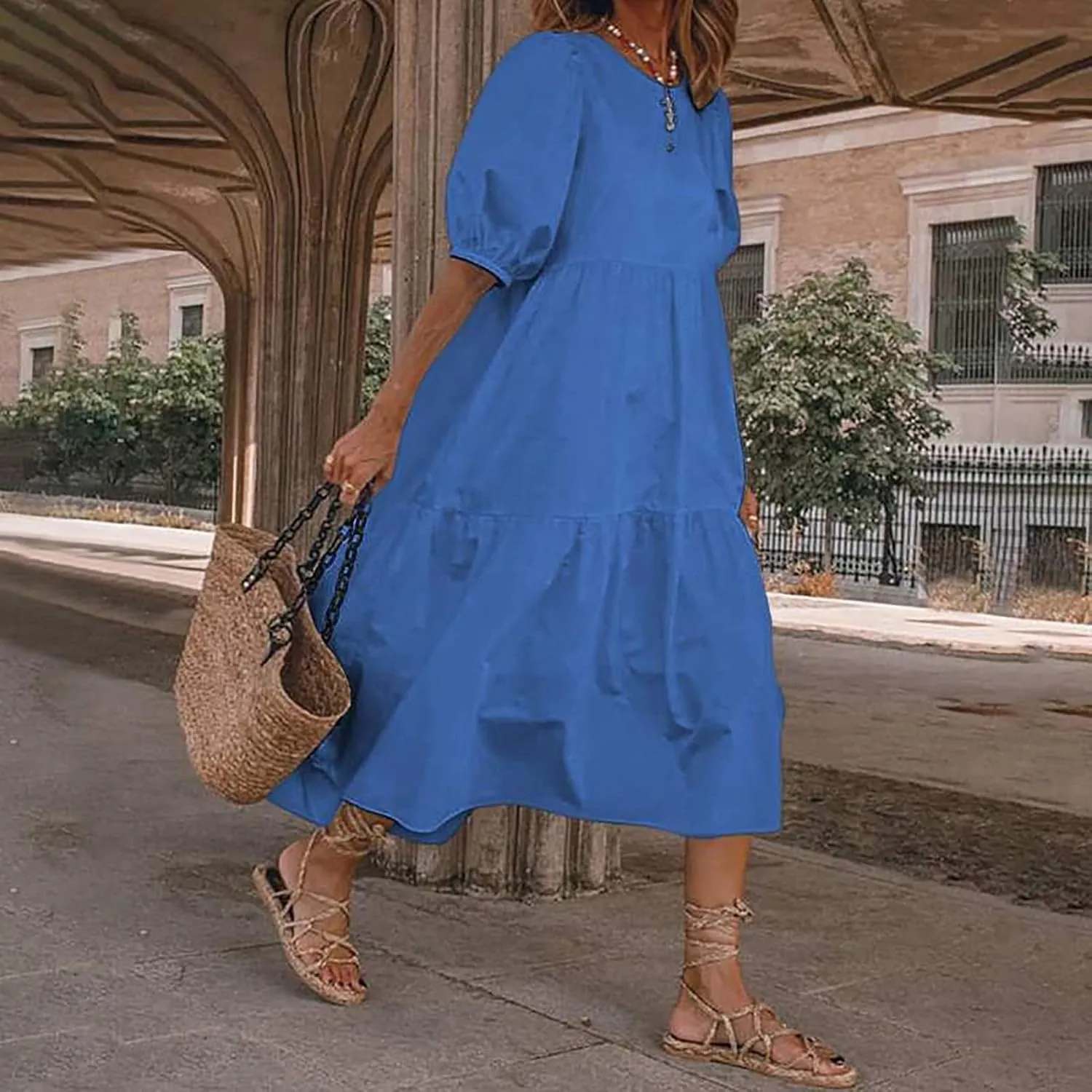 Womens Cotton Linen Pleated Dresses Fashion Classic Puff Sleeve Casual Solid Color Crewneck Flowy A Line Maxi Dress