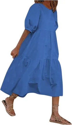 Womens Cotton Linen Pleated Dresses Fashion Classic Puff Sleeve Casual Solid Color Crewneck Flowy A Line Maxi Dress