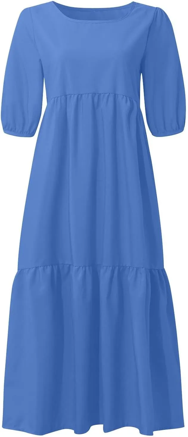 Womens Cotton Linen Pleated Dresses Fashion Classic Puff Sleeve Casual Solid Color Crewneck Flowy A Line Maxi Dress