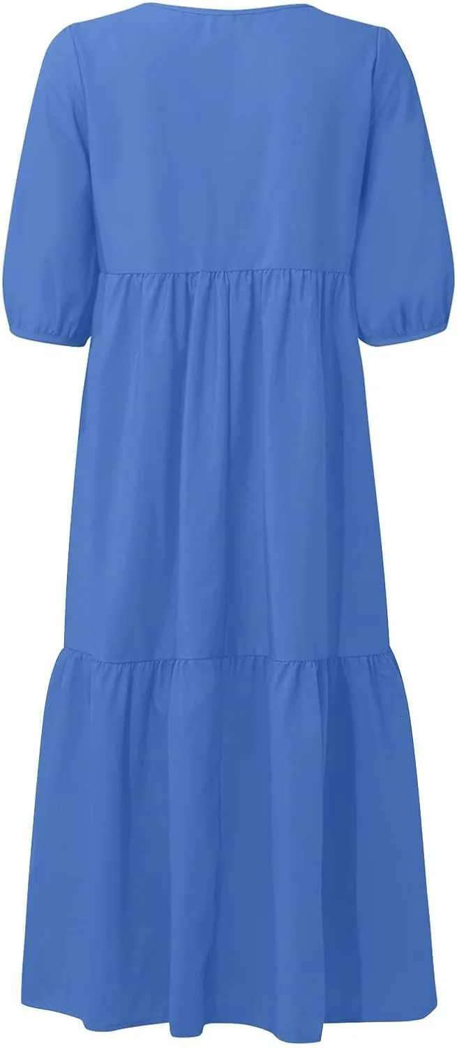 Womens Cotton Linen Pleated Dresses Fashion Classic Puff Sleeve Casual Solid Color Crewneck Flowy A Line Maxi Dress