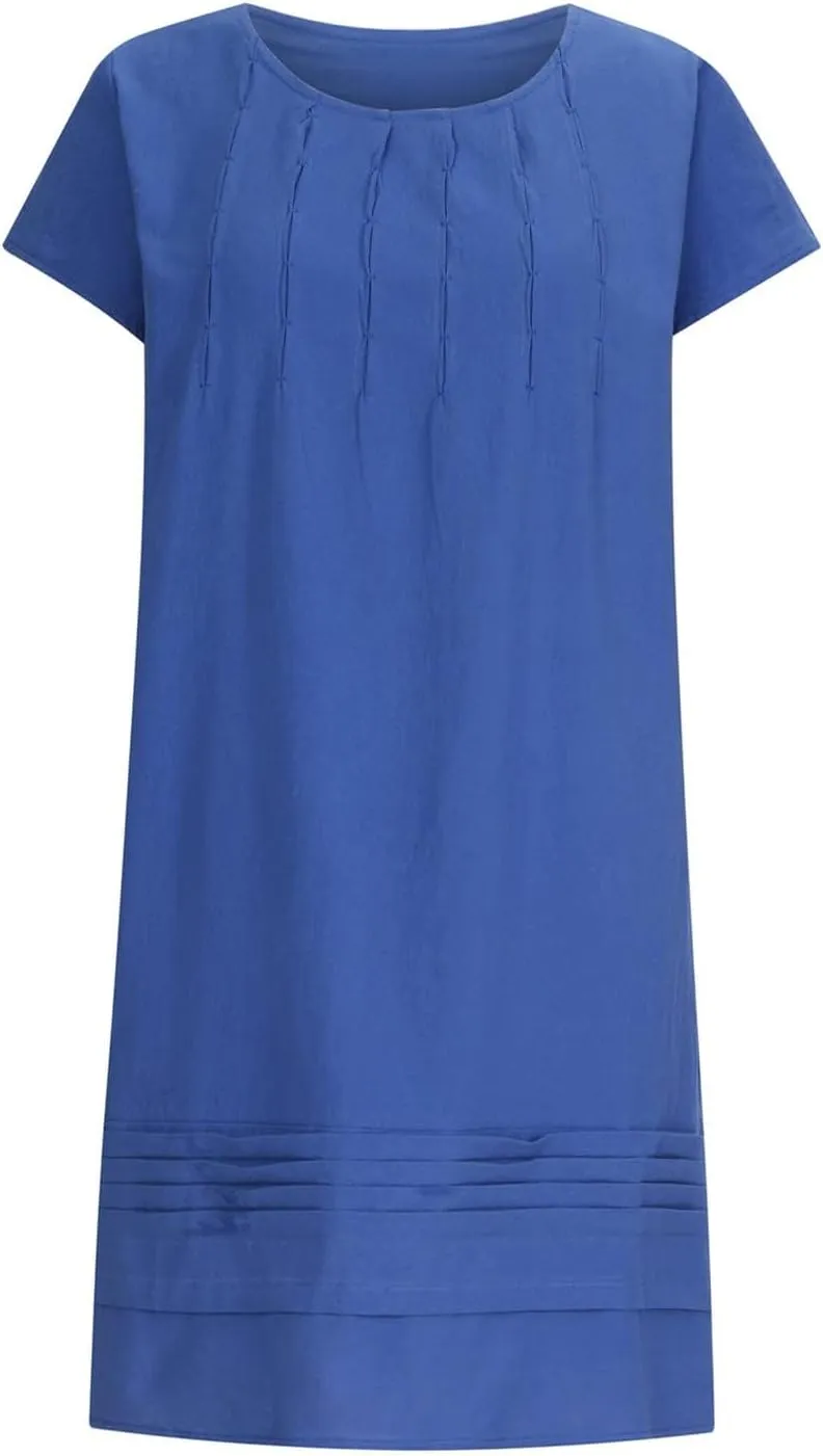 Women's Dresses, Pleated Round Neck Short Sleeve Beach Vacation Casual Boho Plus Size Pockets Midi Long Dress Sundress