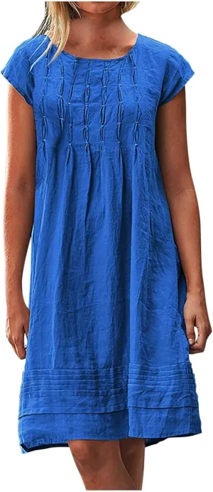 Women's Dresses, Pleated Round Neck Short Sleeve Beach Vacation Casual Boho Plus Size Pockets Midi Long Dress Sundress