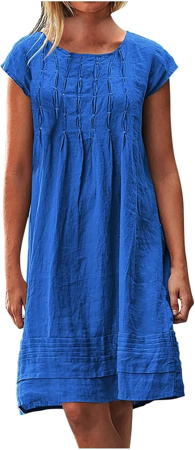 Women's Dresses, Pleated Round Neck Short Sleeve Beach Vacation Casual Boho Plus Size Pockets Midi Long Dress Sundress