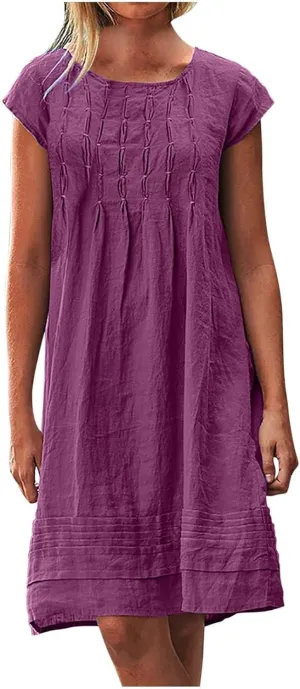 Women's Dresses, Pleated Round Neck Short Sleeve Beach Vacation Casual Boho Plus Size Pockets Midi Long Dress Sundress