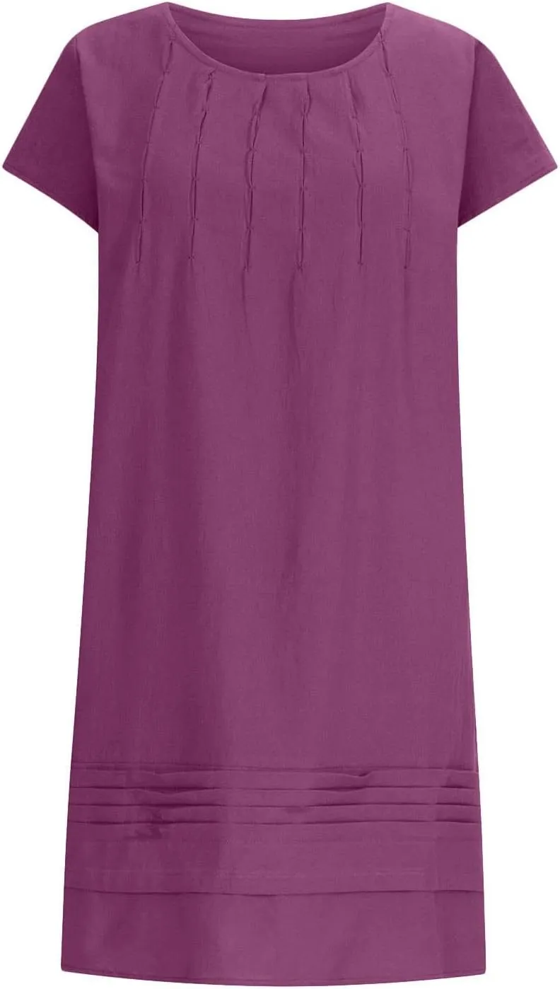 Women's Dresses, Pleated Round Neck Short Sleeve Beach Vacation Casual Boho Plus Size Pockets Midi Long Dress Sundress